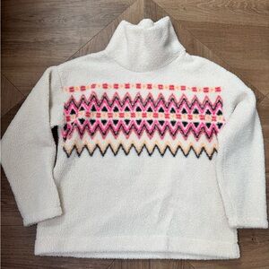 LOFT White Sweater with Pink and Orange Pattern